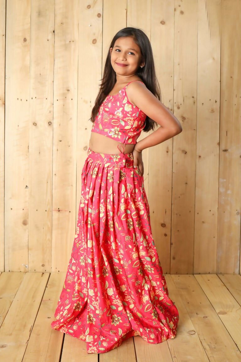 Aayaa Designer Printed Silk Embroidery Kids Lehenga Choli - Pink | Grocsy