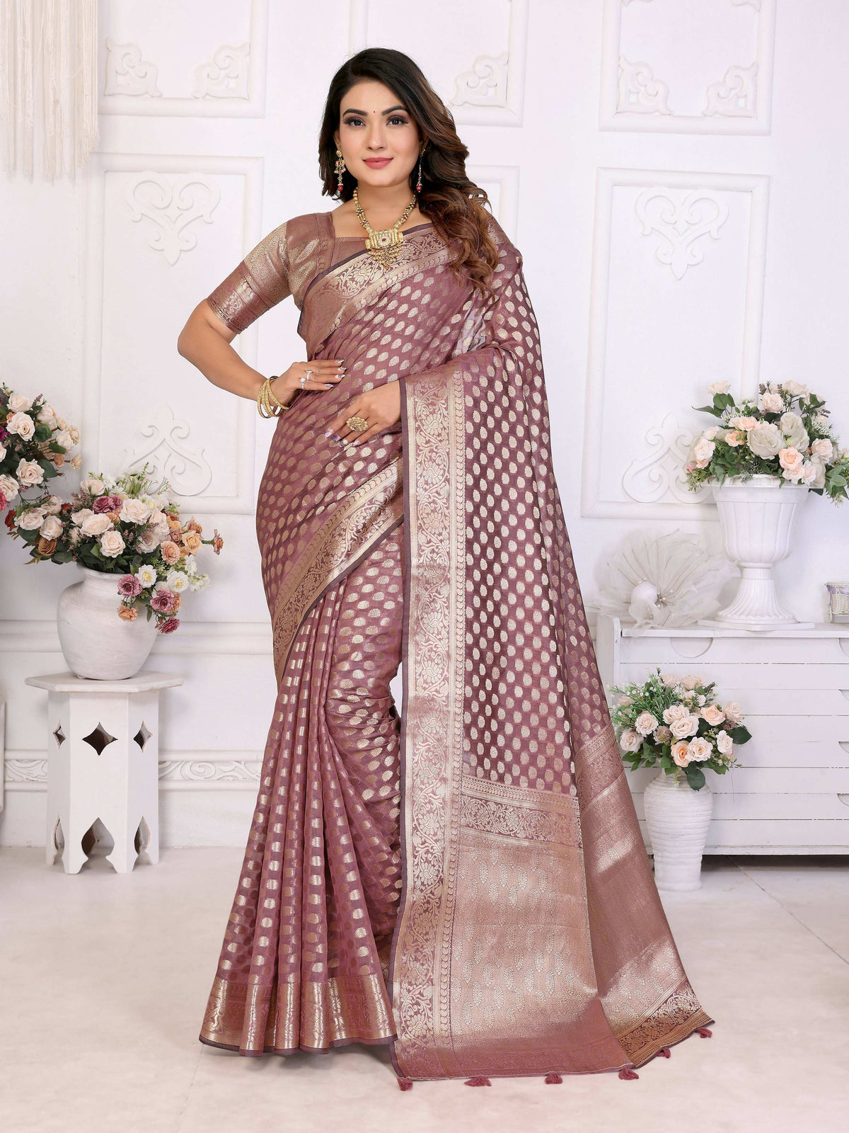 Aastha Fashion Dusty Rose Organza Silk Weaving Saree | Grocsy