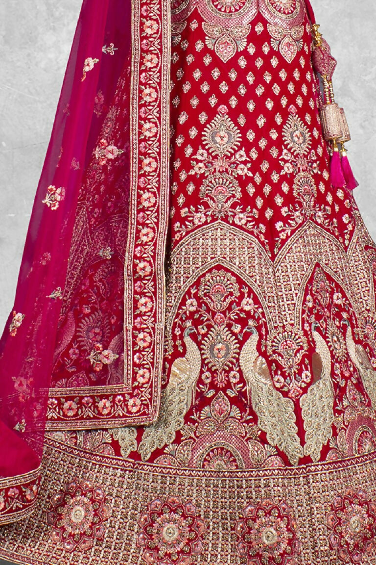Red Velvet Hand Work Semi Stitched Lehenga Choli with Dupatta - Nimaya Lagnotsav | Grocsy