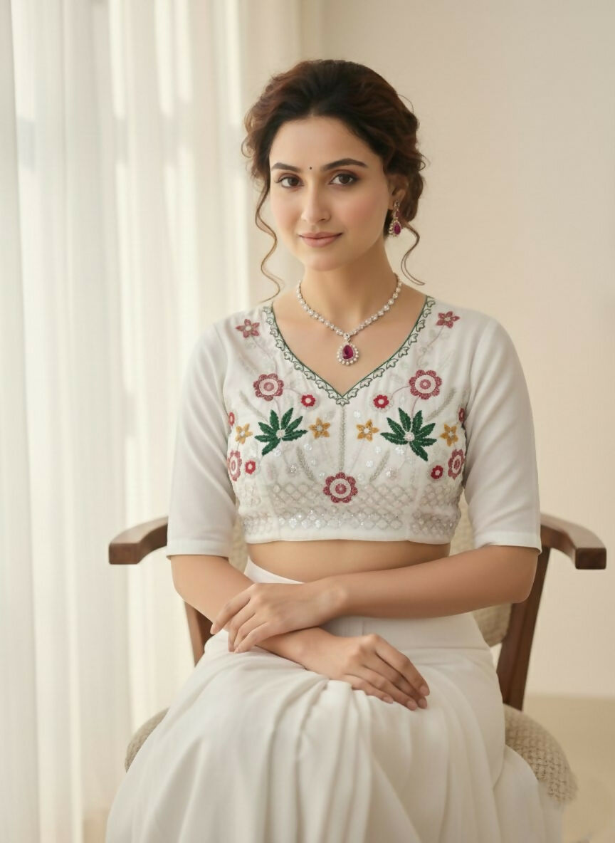 Teeya Creation New Womens Latest Wedding Wear Georgette Saree-White | Grocsy
