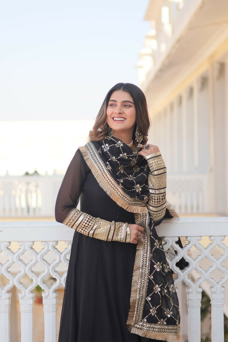 Jyoti Fashion Women's Black Faux Blooming Sequins Zari Embroidered Anarkali Dress with Dupatta | Grocsy
