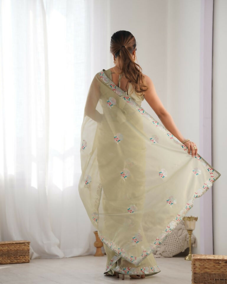 Pista Gold Twill Net Multy Thread, Sequance Embroidery Work Saree - Kriti | Grocsy