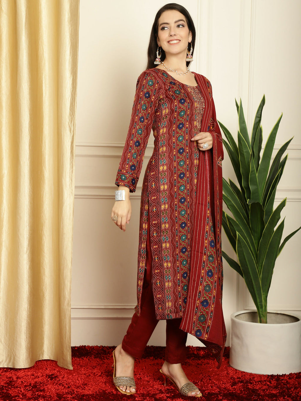 Jyoti Fashion Women's Maroon Pashmina Floral Digital Printed Kurta with Trouser & Dupatta | Grocsy