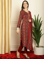Jyoti Fashion Women's Maroon Pashmina Floral Digital Printed Kurta with Trouser & Dupatta | Grocsy