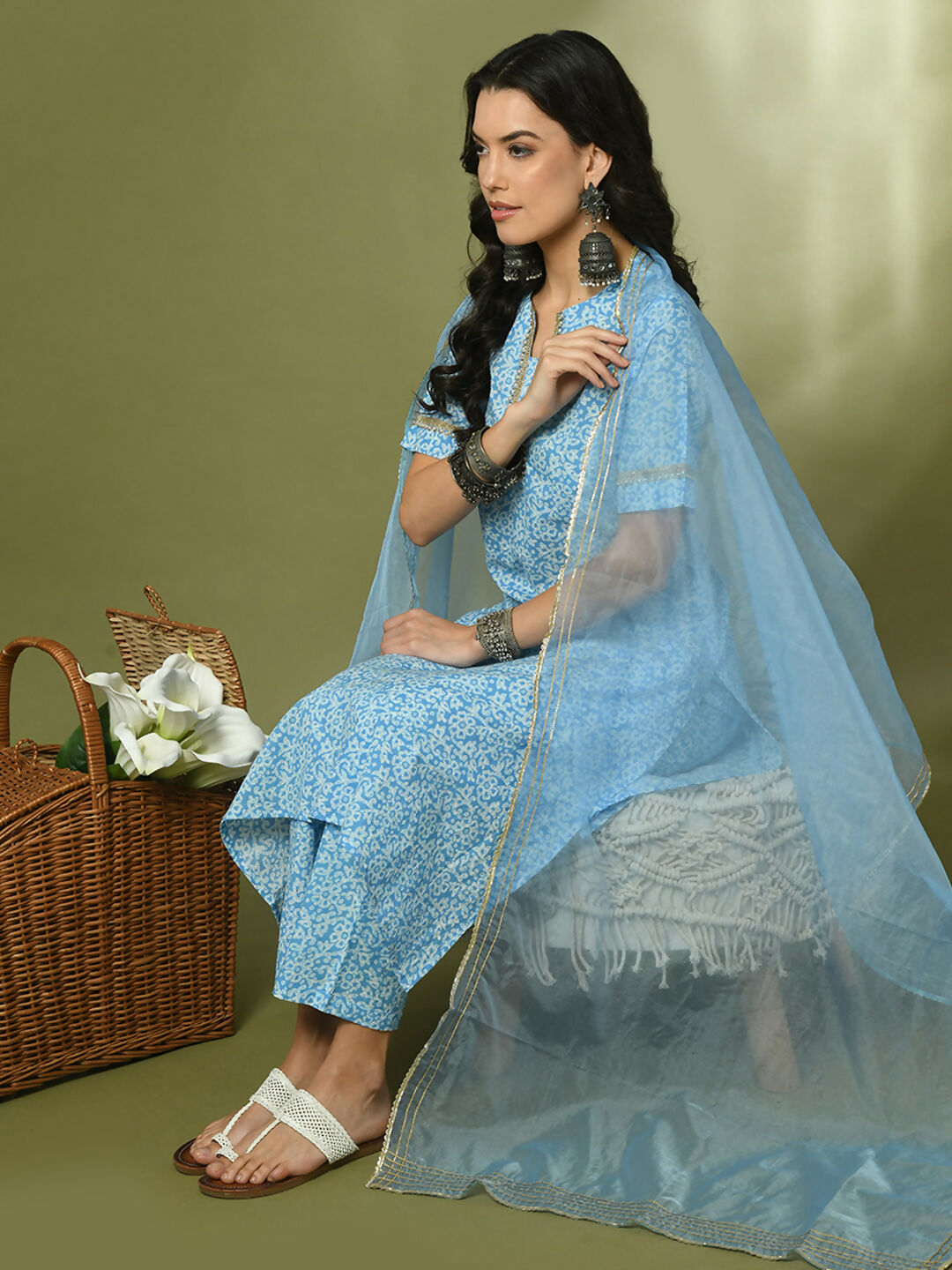 Myshka Women's Blue Printed Cotton Straight Party Kurta Set With Dupatta | Grocsy