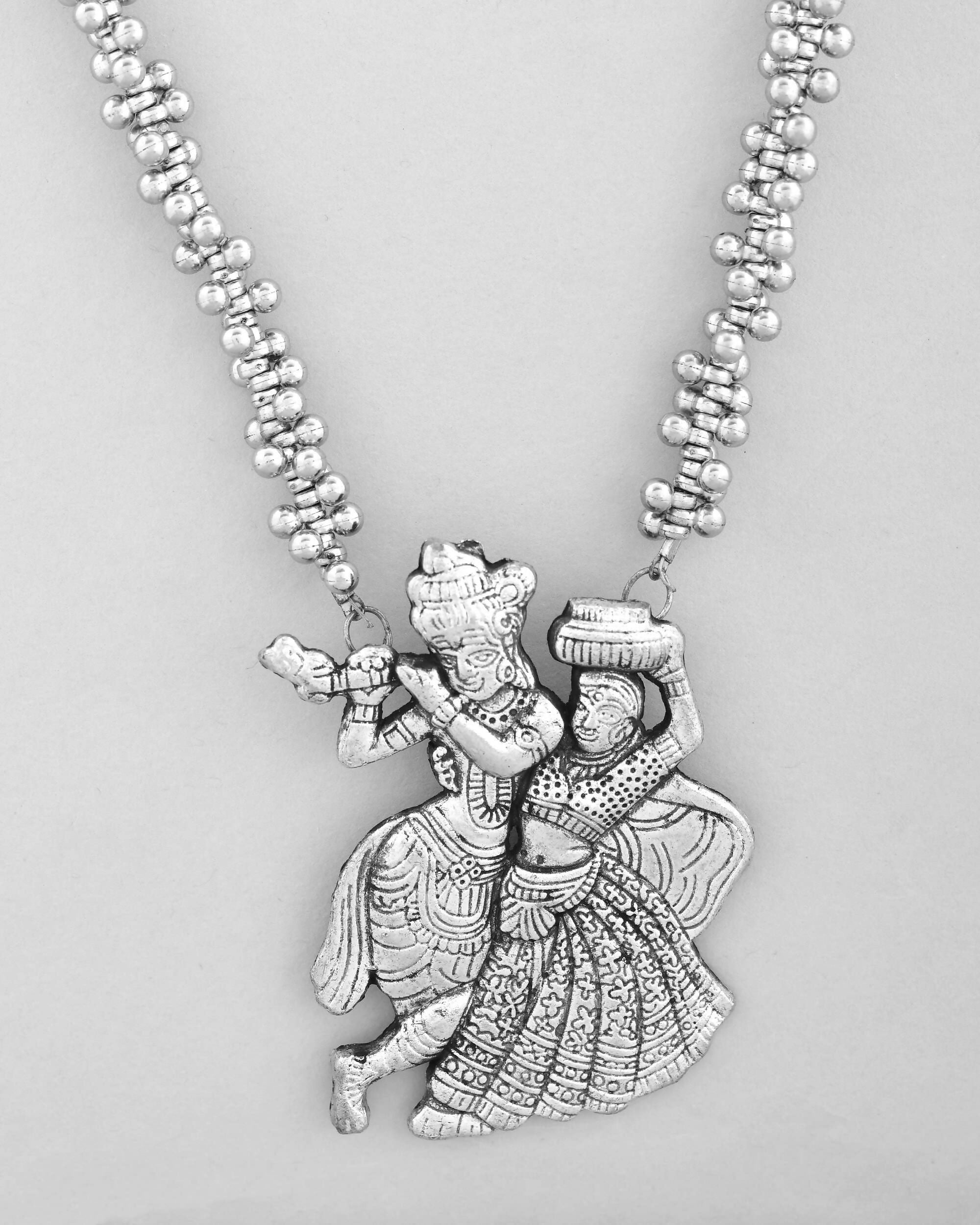 VOJ Silver Plated Oxidized Kanha Shape Long Necklace with Earring Set | Grocsy