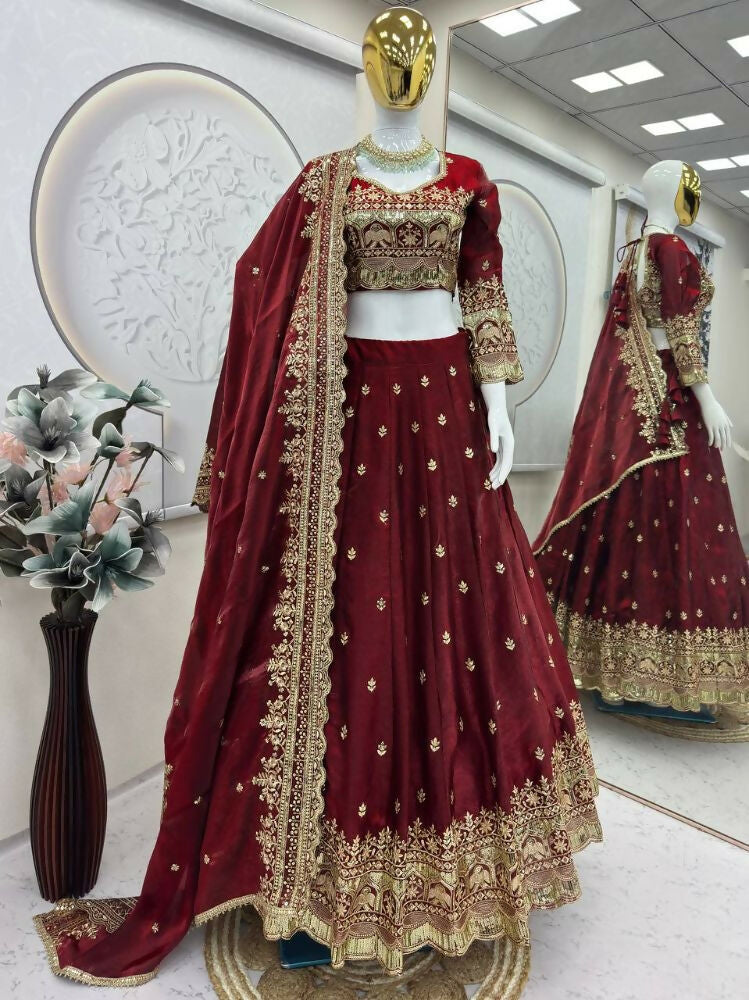 Teeya Creation Maroon Color Fendy Satin Heavy Embroidery Work Wedding Wear Stitched Lehenga Choli | Grocsy