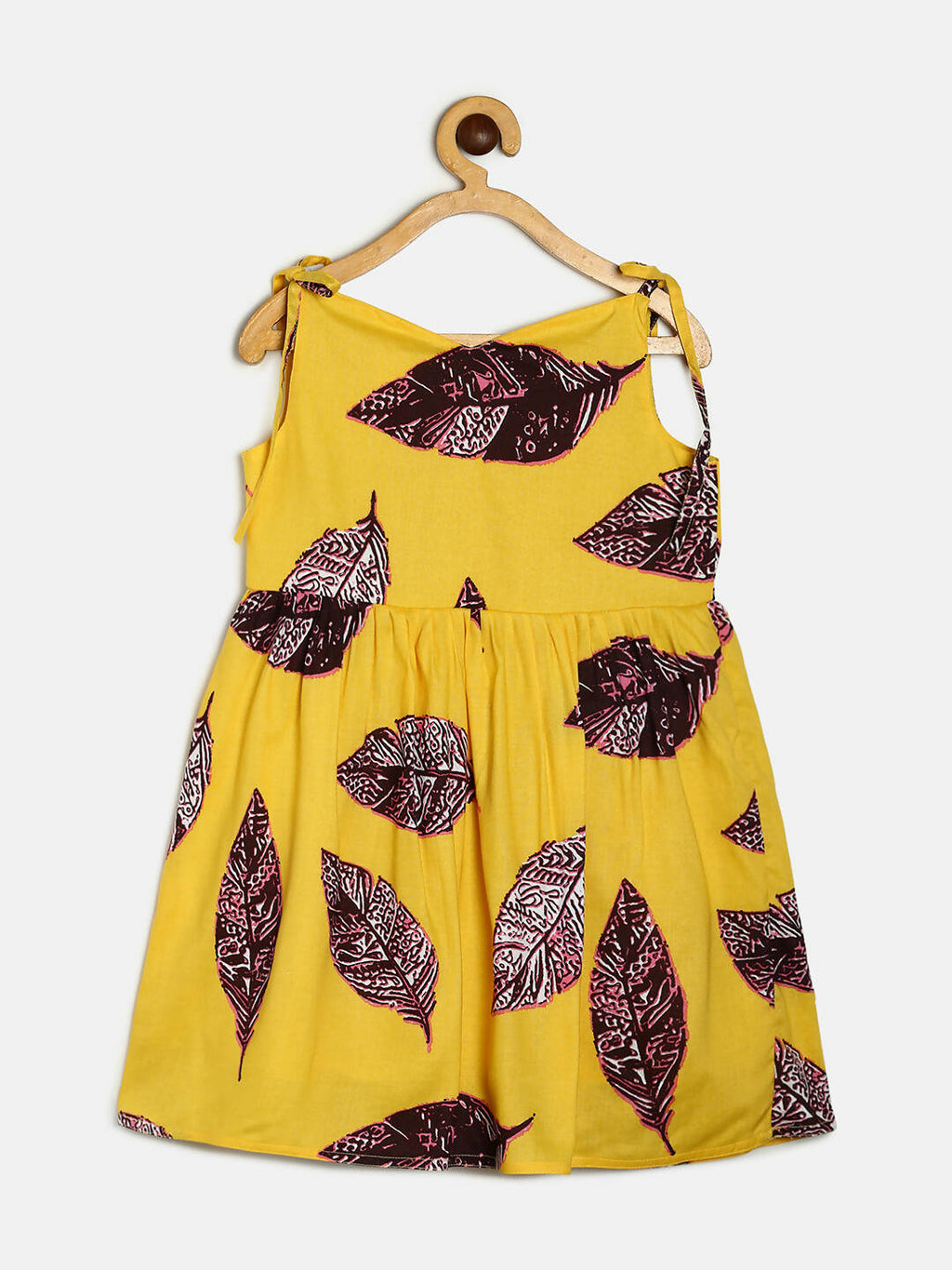 Manet Girls Cotton String Tie Frock Brown Leaf Printed - Yellow | Grocsy