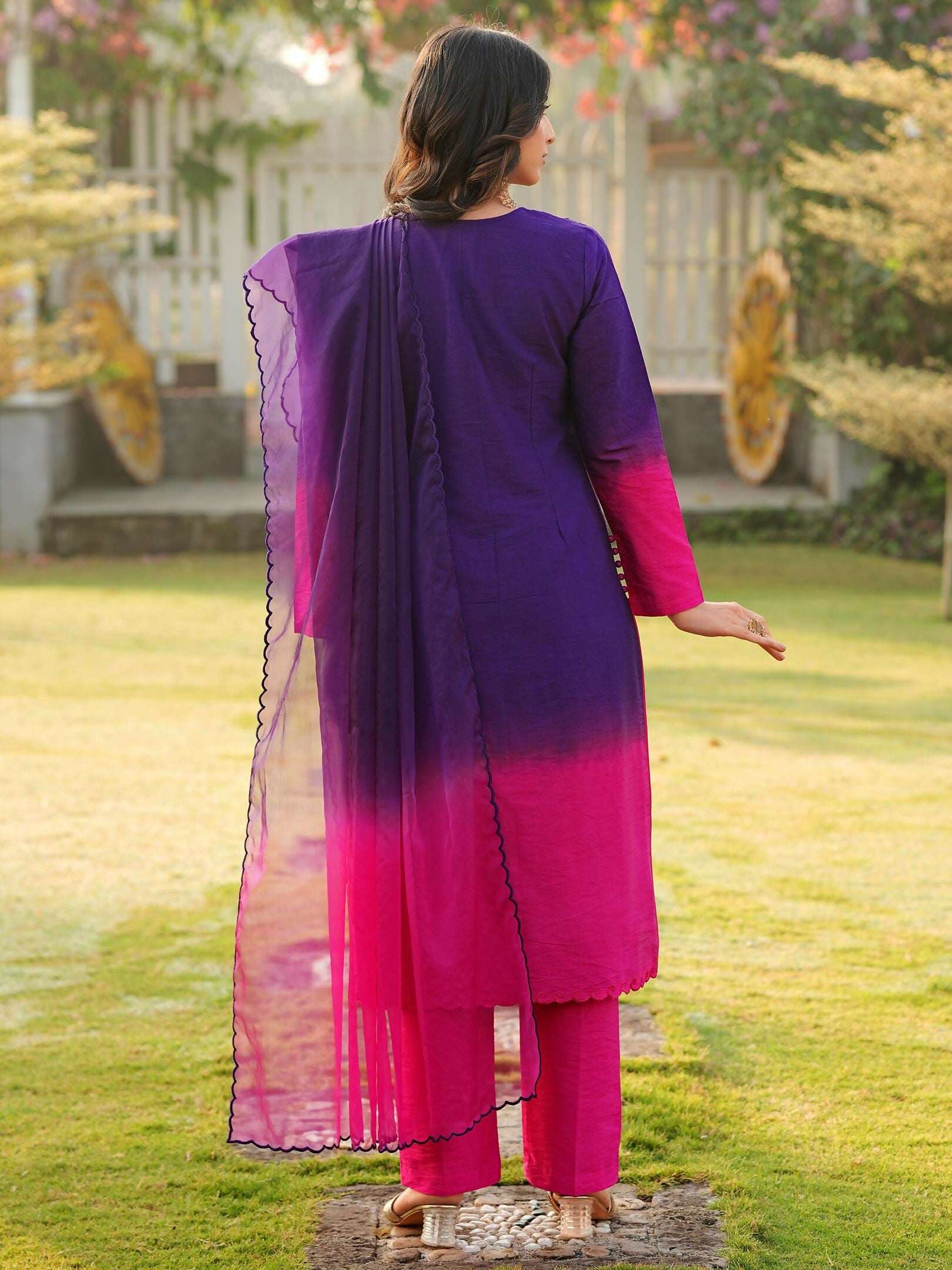 Nikhaar Dark Purple Embroidered Art Silk Stitched Straight Cut Kurta Pants Dupatta Readymade Suit | Grocsy