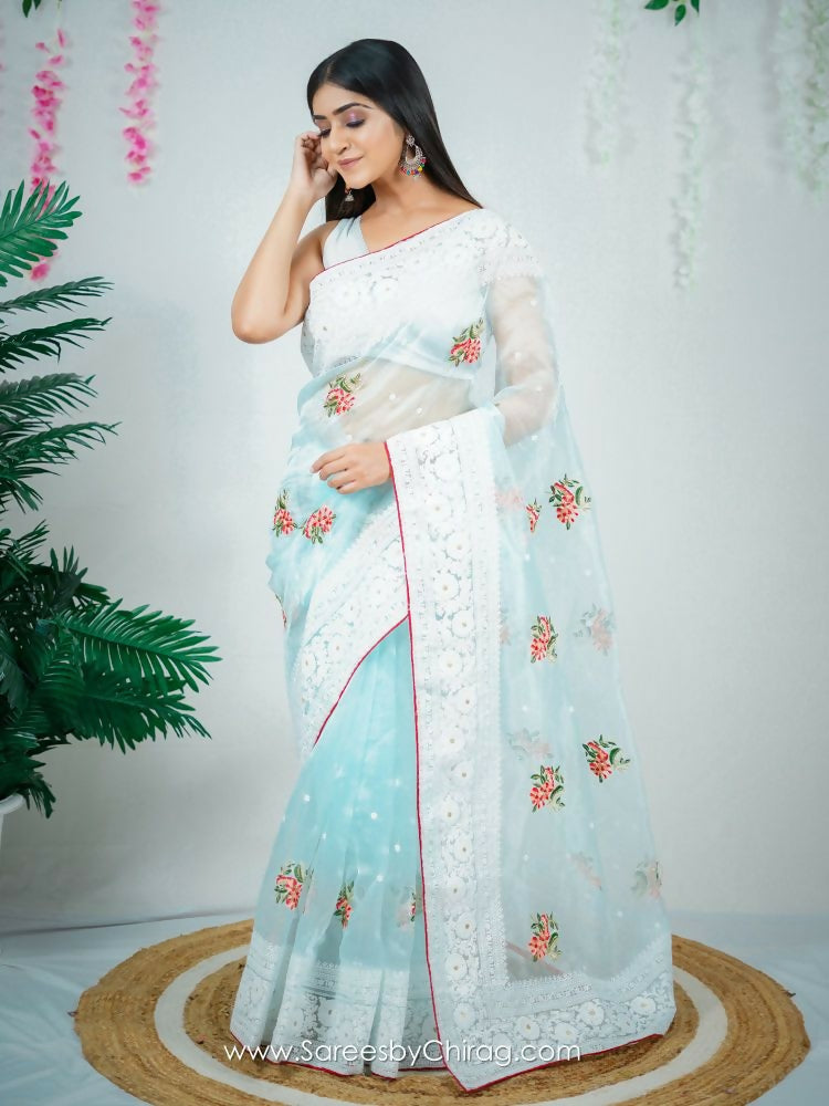 Vamsee Sambhuti Sea Green Organza Saree | Grocsy