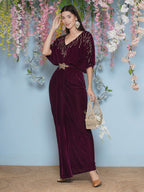 Joban Fashion Wine Hand Embellished Velvet Gown With Belt | Grocsy