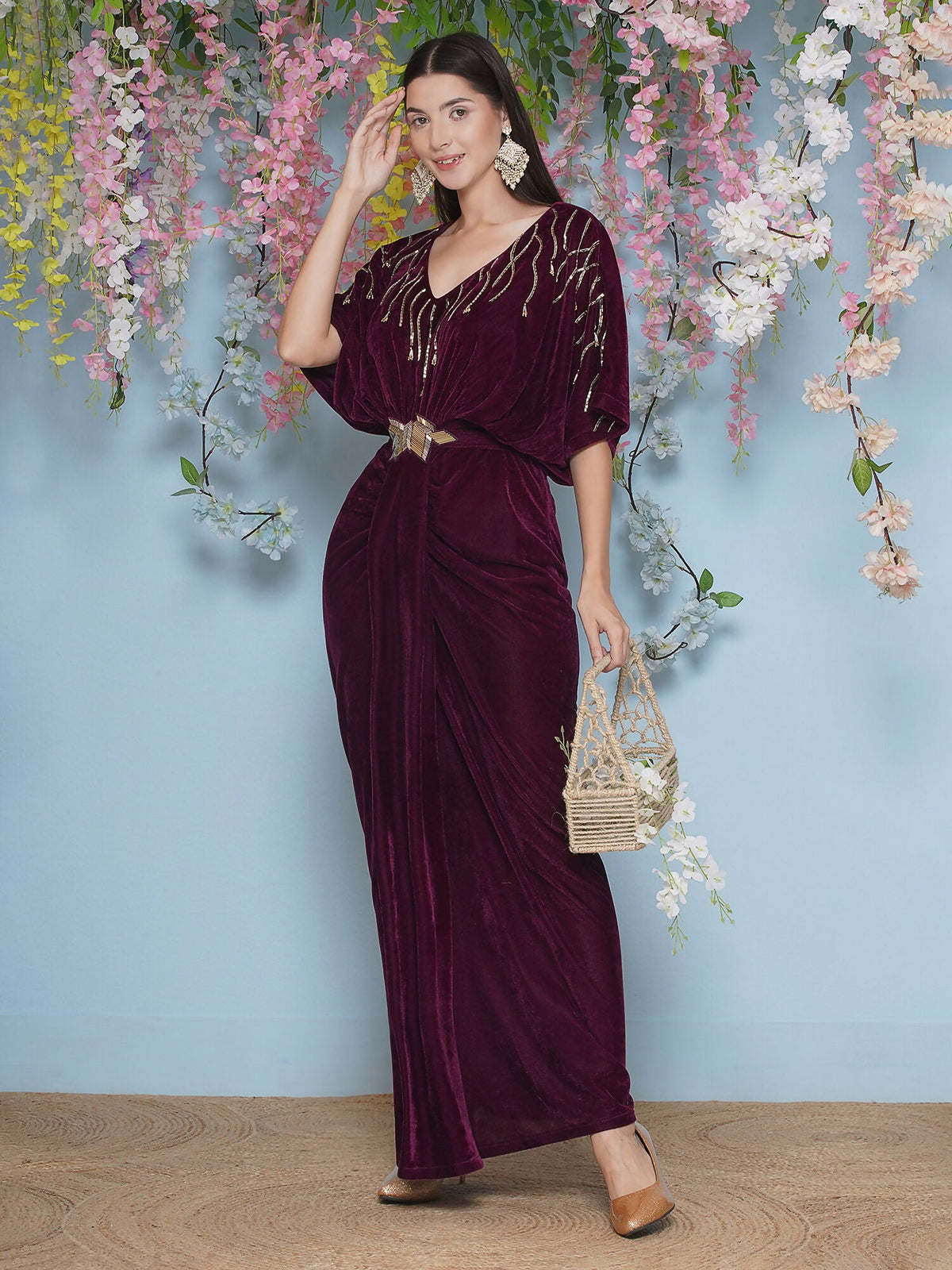 Joban Fashion Wine Hand Embellished Velvet Gown With Belt | Grocsy