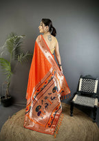 Joban Fashion Orange Peacock & Floral Motifs Soft Lichi Silk Kanchipuram Saree | Grocsy