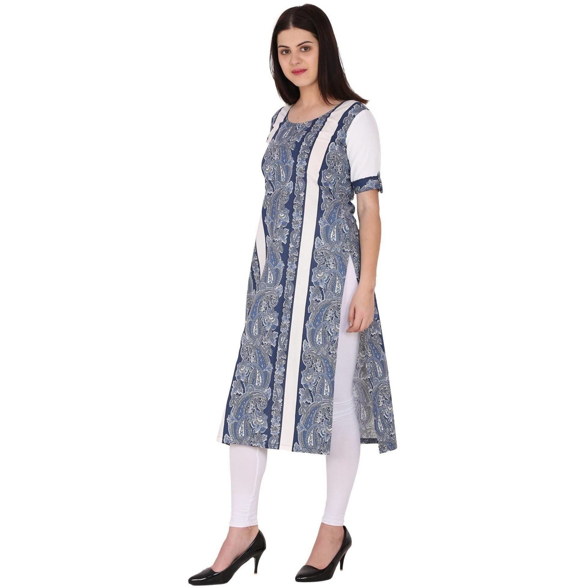 Kanoor Womens Blue Coloured Cotton Straight Kurti | Grocsy