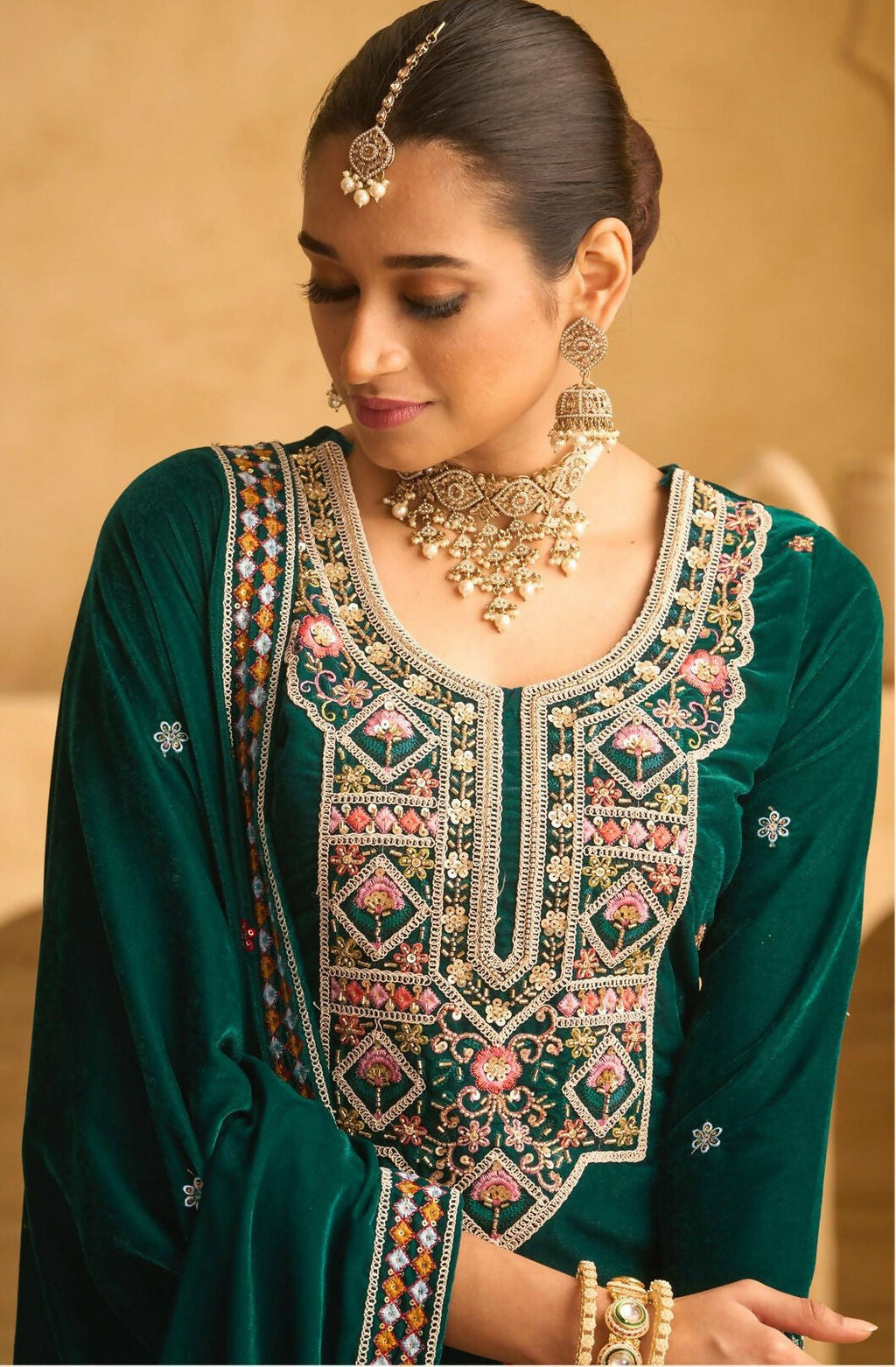 Anaita Green Embroidered with beads Velvet Stitched Plazo Suit | Grocsy