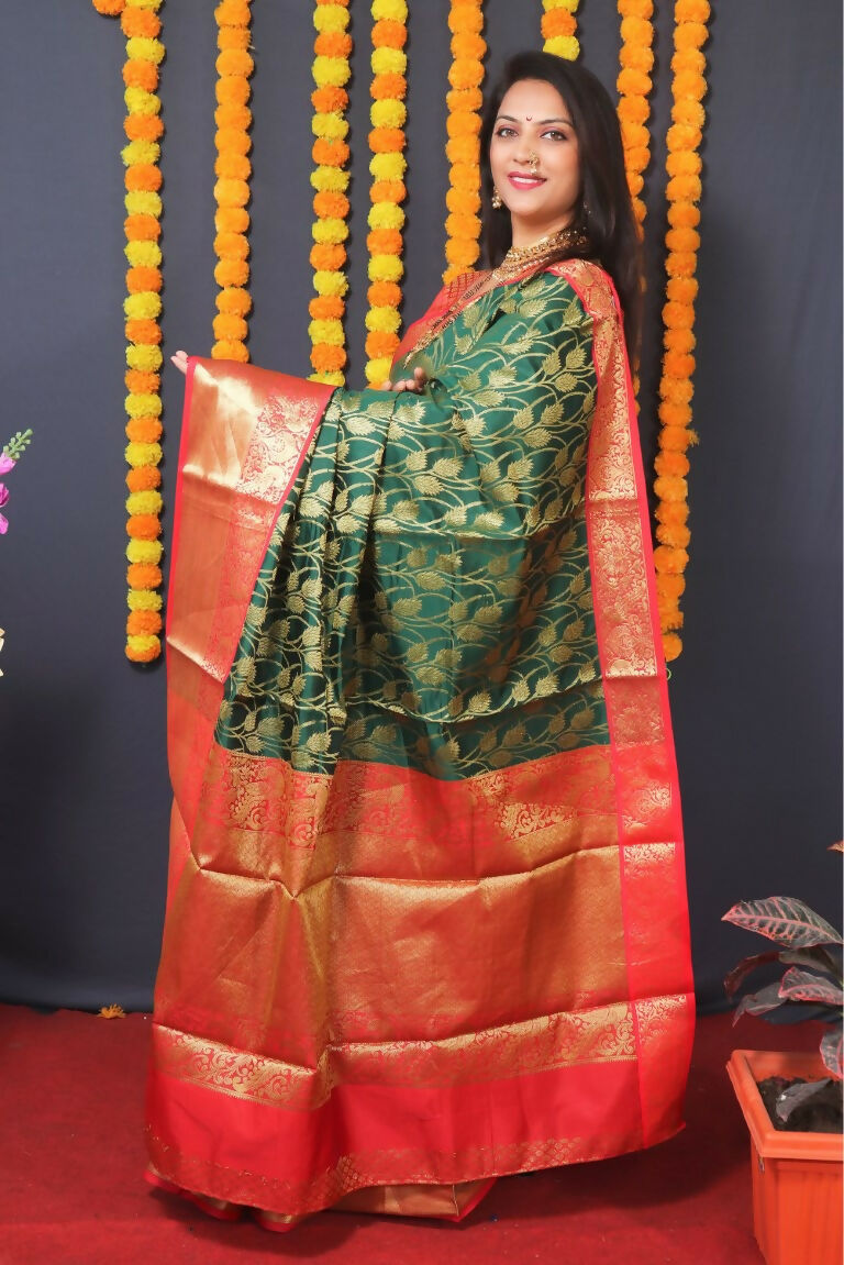 Jyoti Fashion Women's Bottle Green Kanjivaram Silk Zari Woven Saree with Blouse | Grocsy
