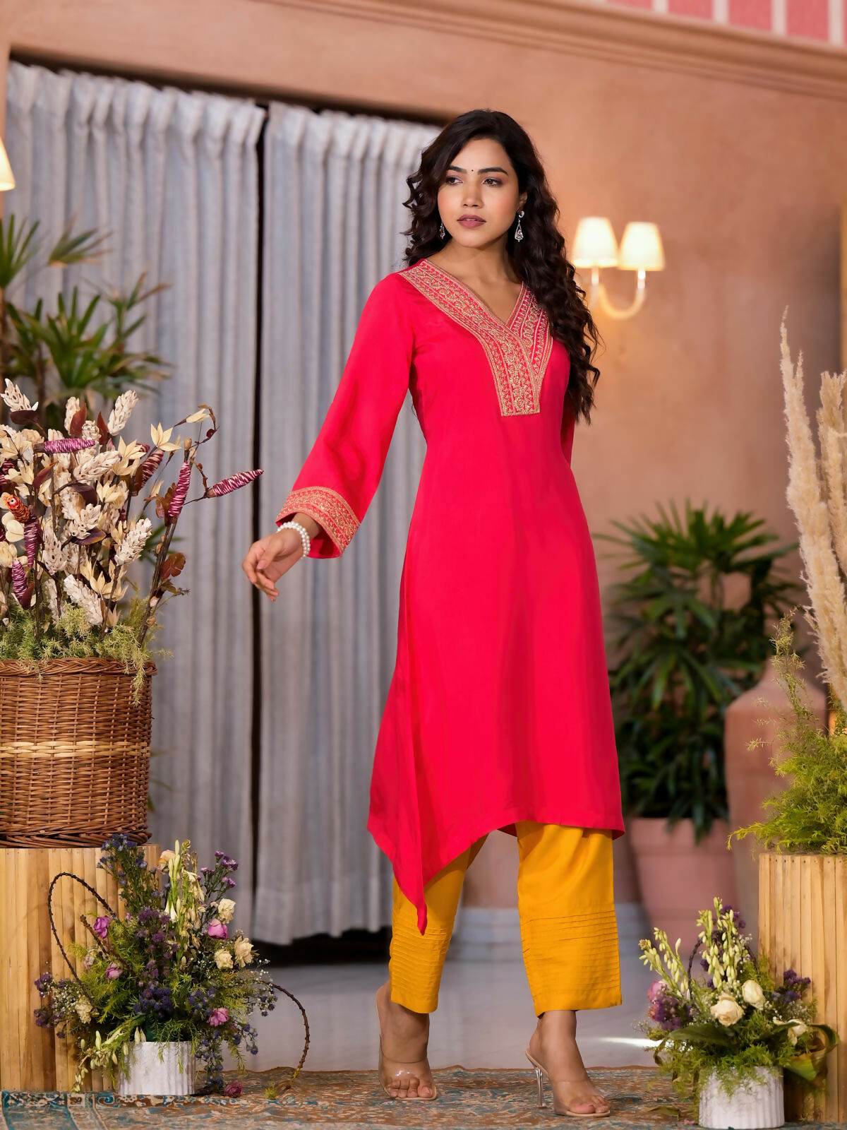 Juniper Women's Fuchsia Zari Embroidered Viscose Kurta & Pant Set With Sequins | Grocsy