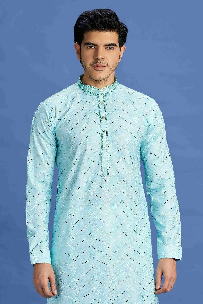 Raivat Ethnic Cotton Embroidery Kurta Pajama In Sky Blue Colour | Grocsy