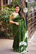 Mehndi Chanderi Cotton Block Print Saree with Unstitched Blouse - Hiral Fashion | Grocsy