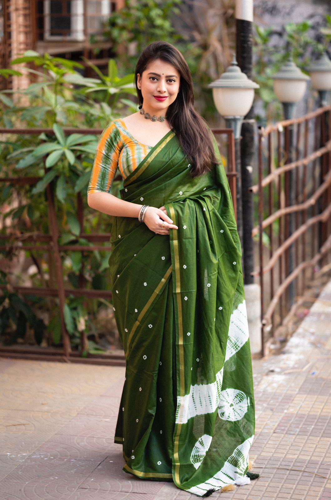Mehndi Chanderi Cotton Block Print Saree with Unstitched Blouse - Hiral Fashion | Grocsy