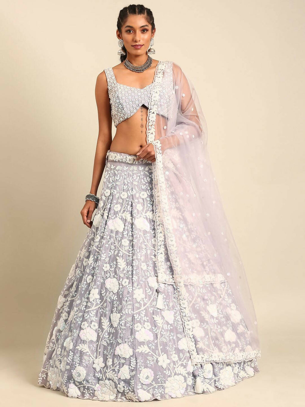 House of Panchhi Mauve Chinon Sequins and Zarkan embroidery Lehenga choli & Dupatta | Grocsy