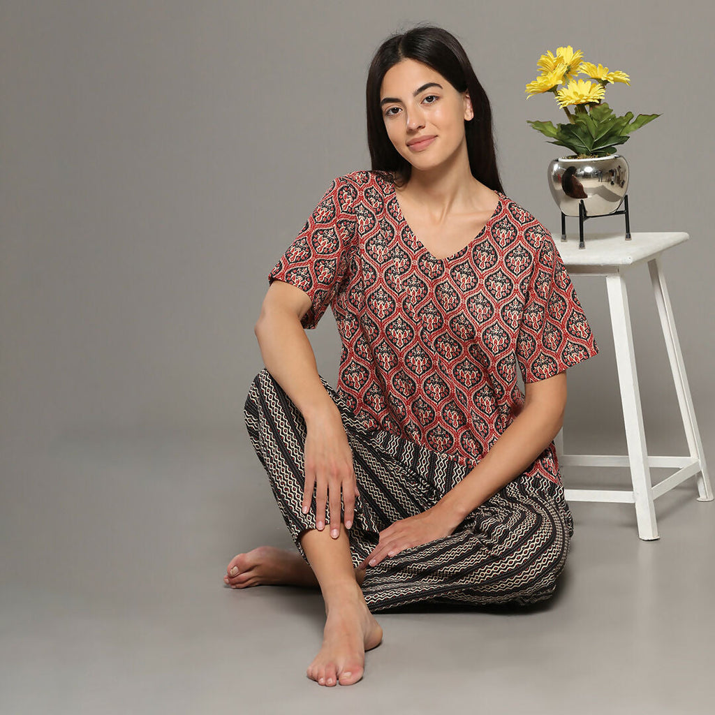 Breathables Women Cotton Printed Loungewear Kurta And Pants Co-Ord Set Red & Navy I Nightwear | Grocsy