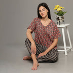 Breathables Women Cotton Printed Loungewear Kurta And Pants Co-Ord Set Red & Navy I Nightwear | Grocsy