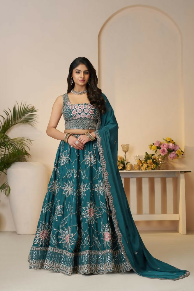Kesar Fab Blue Silk Embroidered Lehenga | Grocsy