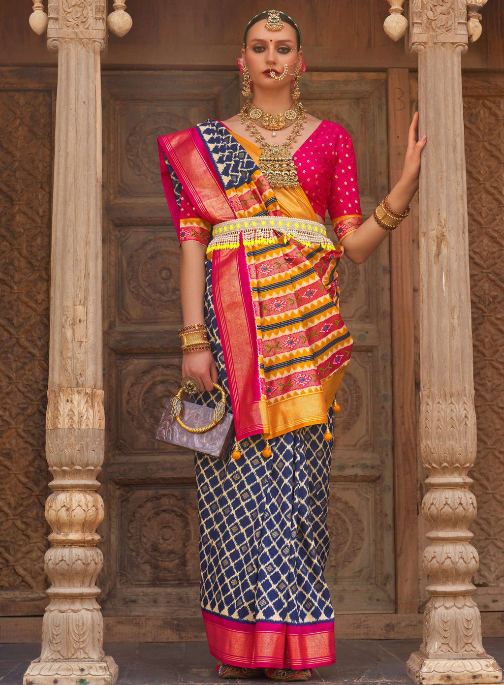 Navy Blue Silk Geometric Printed Saree With Unstitched Blouse Piece - Aanchal | Grocsy
