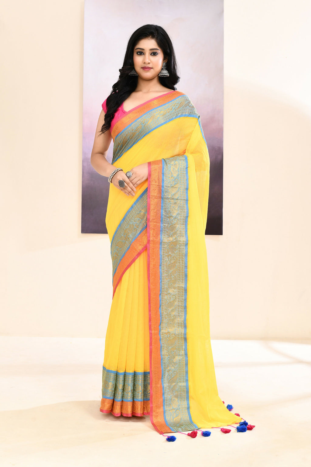 Piyari Fashion Women's Yellow Embellished Zari Border Cotton Saree | Grocsy