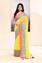 Piyari Fashion Women's Yellow Embellished Zari Border Cotton Saree | Grocsy