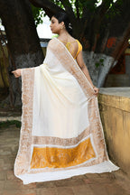 Joban Fashion Cream Crepe Chiffon Pure Handloom Banarasi Silk Saree | Grocsy