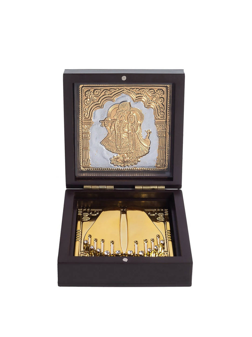 Golden Peacock Black 24 Ct Gold Polished Radha Krishna Wooden Prayer Box | Grocsy