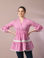 Myshka Women's Pink Embellished Cotton Gathered Party Empire Top | Grocsy
