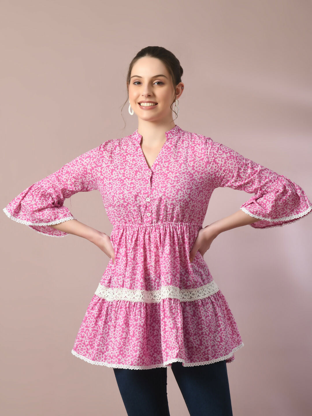 Myshka Women's Pink Embellished Cotton Gathered Party Empire Top | Grocsy