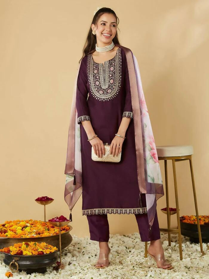 The52 Women's Beautiful Chanderi Silk Fabric Embroidery Work Straight Kurta Pant and Dupatta Set | Grocsy