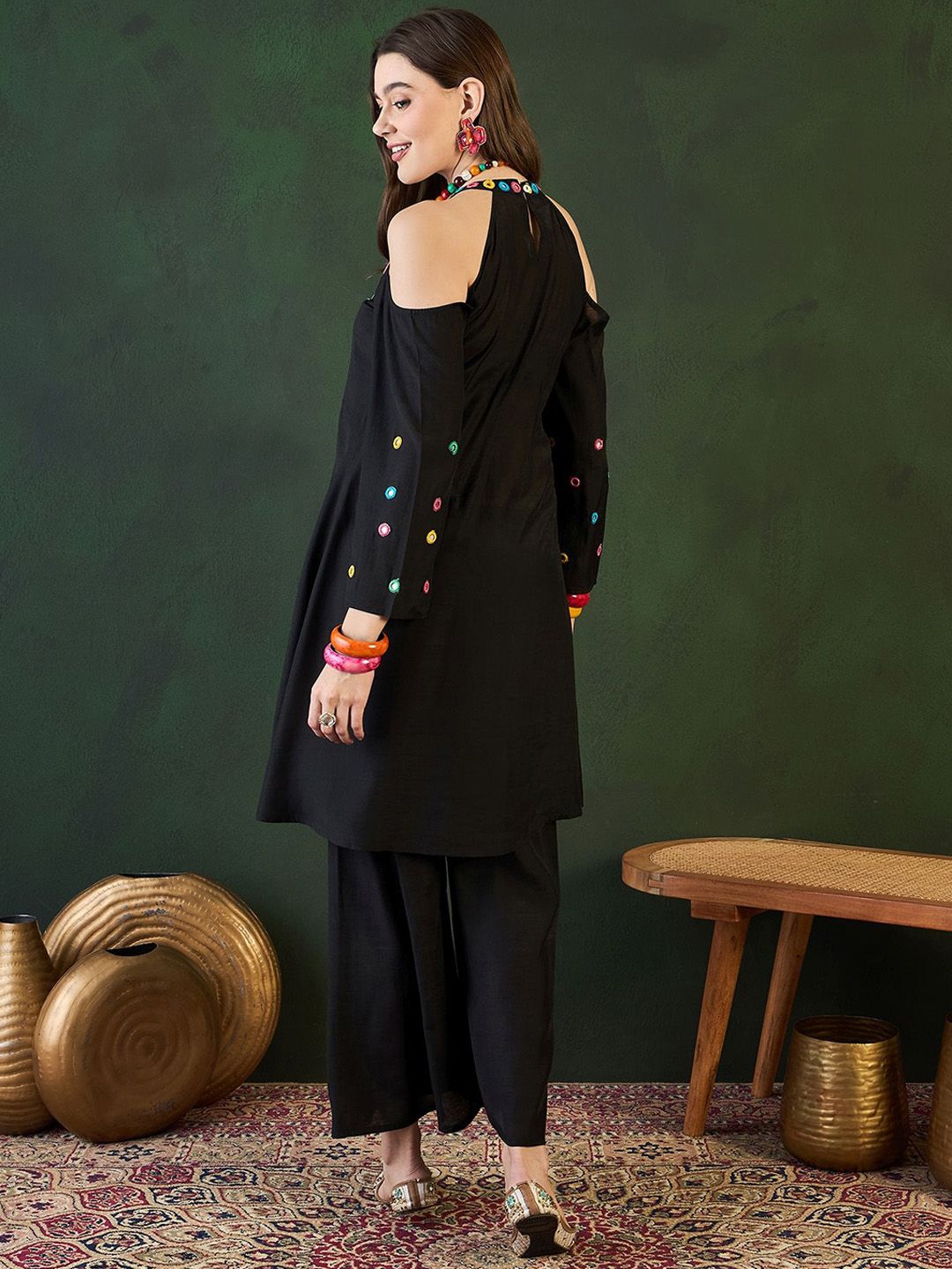 Sangria Embroidered Halter Neck Kurta & Palazzo With Bag | Grocsy