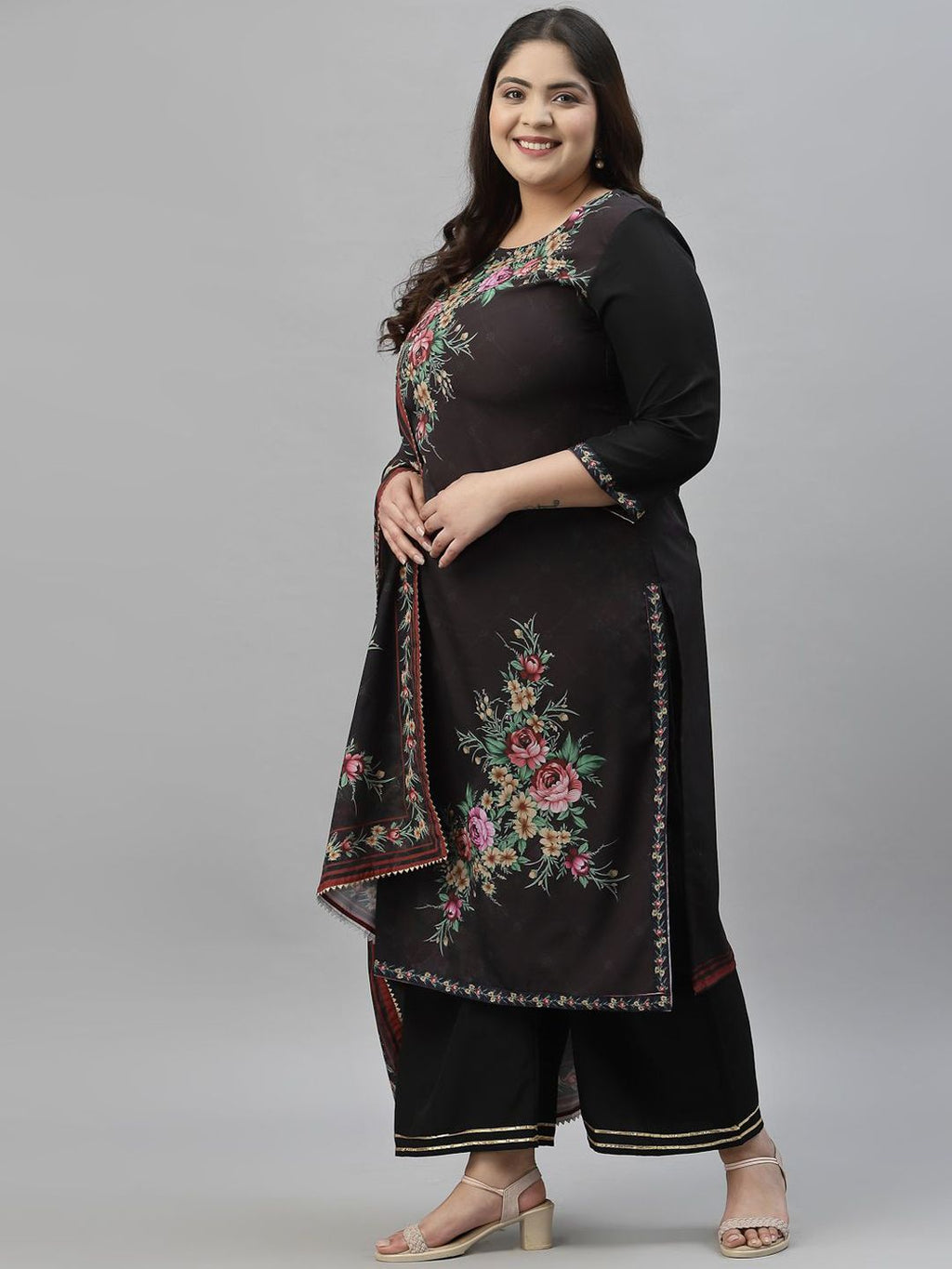 Sztori Plus Size Floral Printed Regular Straight Kurta with Palazzos & With Dupatta | Grocsy