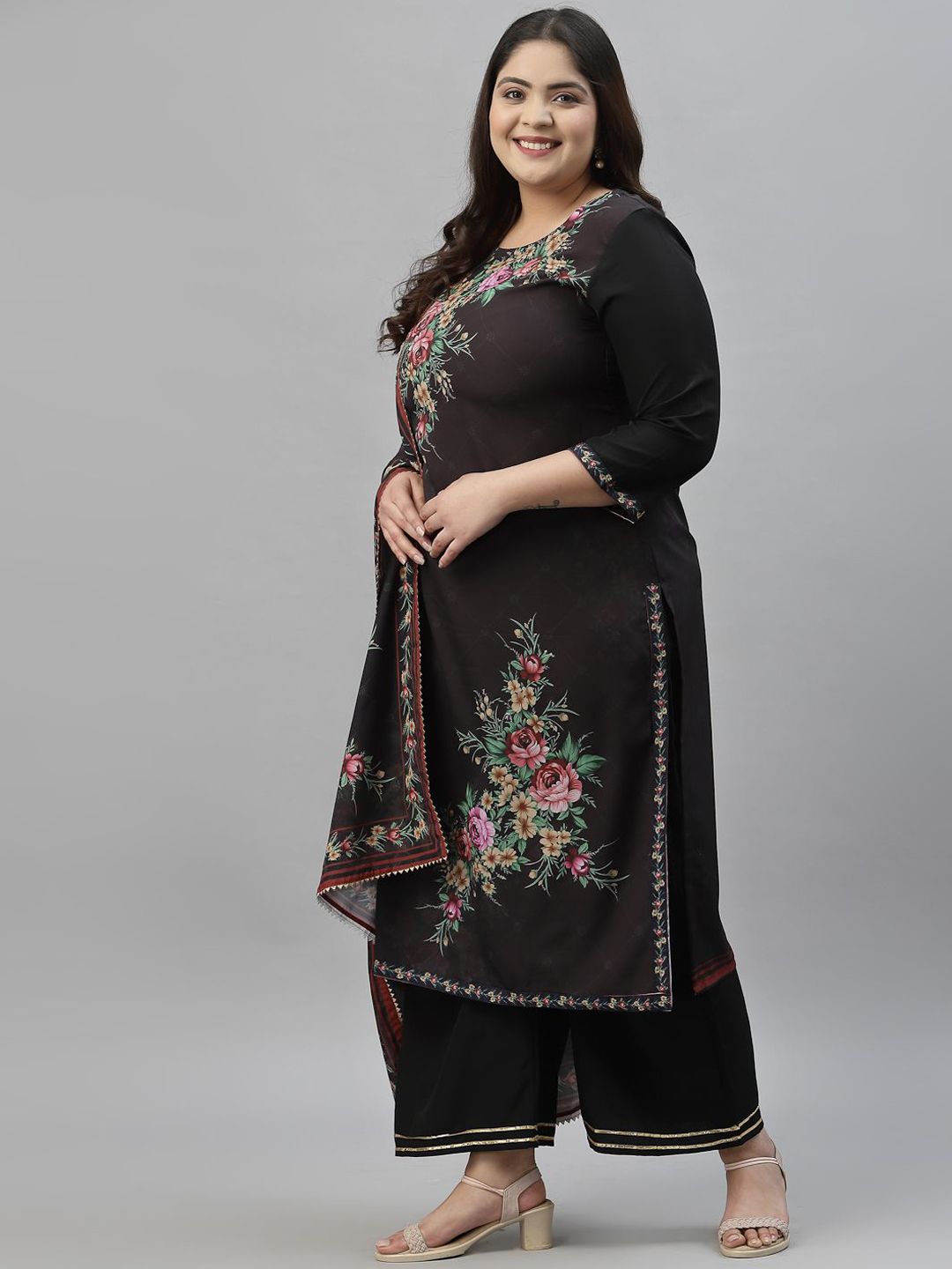 Sztori Plus Size Floral Printed Regular Straight Kurta with Palazzos & With Dupatta | Grocsy