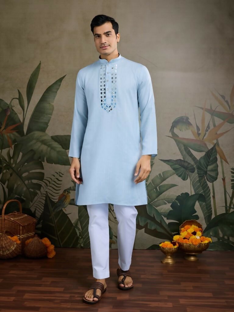 Vastranavya Sky Blue Exclusive Viscose Silk Festival Wear Real Mirror Work Kurta with Dupatta | Grocsy