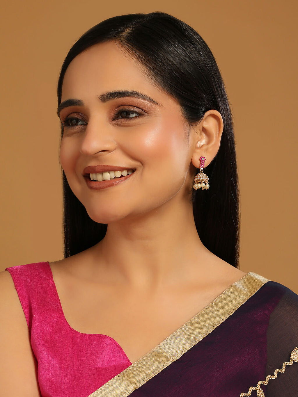 Nuyug 22K Gold Plated Pearl 7 Colored Stone Studded Contemporary Shaped Pink Mini Jhumkas | Grocsy