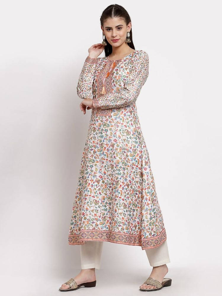 Myshka Women's Multi Cotton Printed Full Sleeve Round Neck Casual Kurta | Grocsy