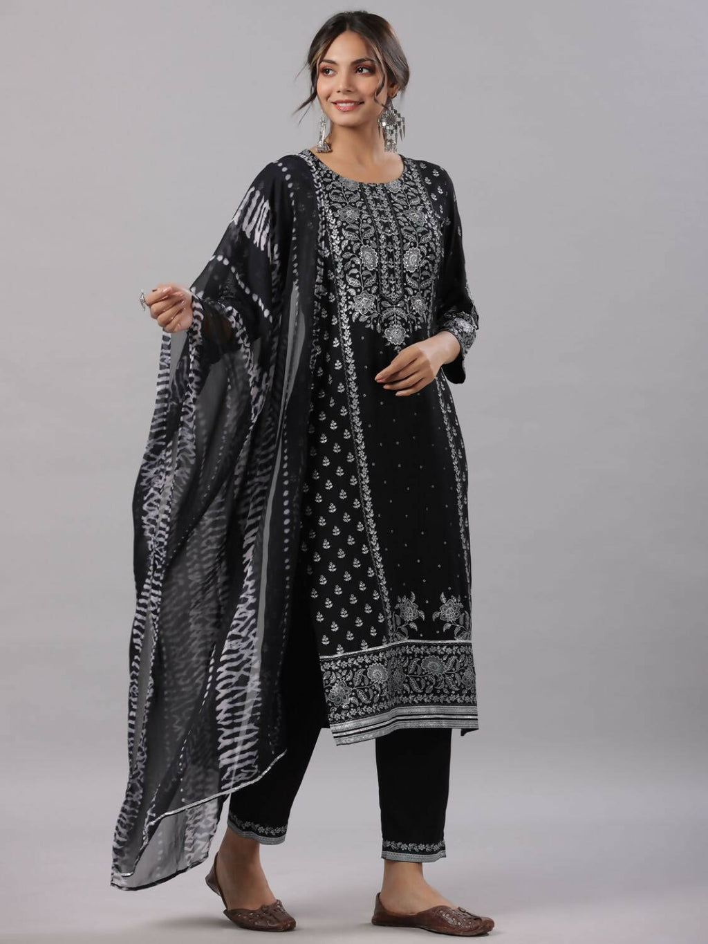 Juniper Women Black Rayon Staple Kalamkari Printed Kurta, Pants and Dupatta Set | Grocsy