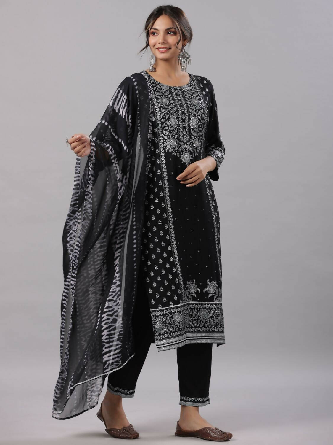 Juniper Women Black Rayon Staple Kalamkari Printed Kurta, Pants and Dupatta Set | Grocsy