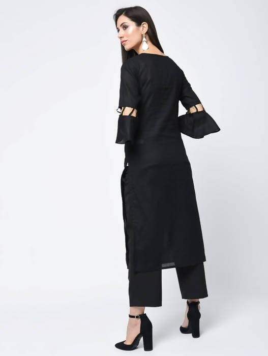 Aniyah Cotton Criss Cross Bell Sleeves Straight Kurta In Black (AN-101C) | Grocsy