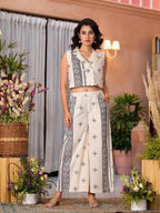 Juniper Women's Natural Ethnic Motif Printed Cotton Top & Palazzo Co-Ord Set With Button Closure | Grocsy