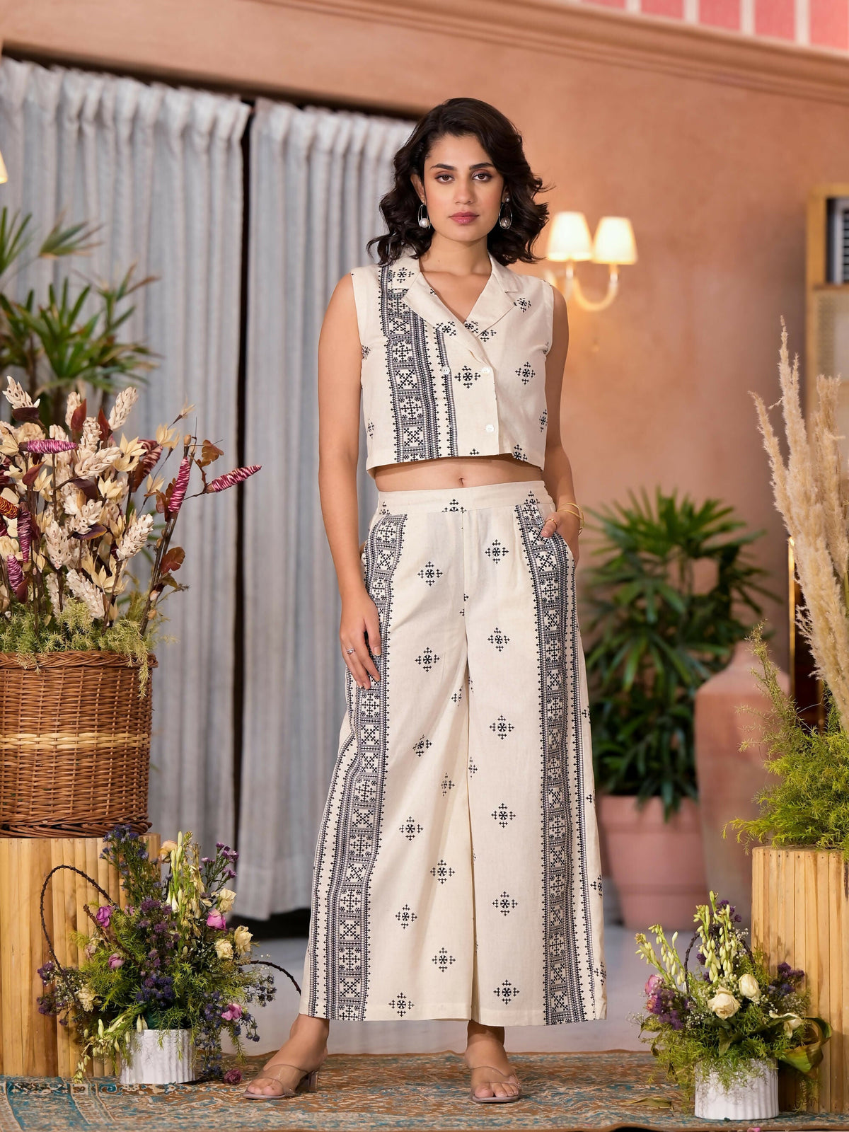 Juniper Women's Natural Ethnic Motif Printed Cotton Top & Palazzo Co-Ord Set With Button Closure | Grocsy