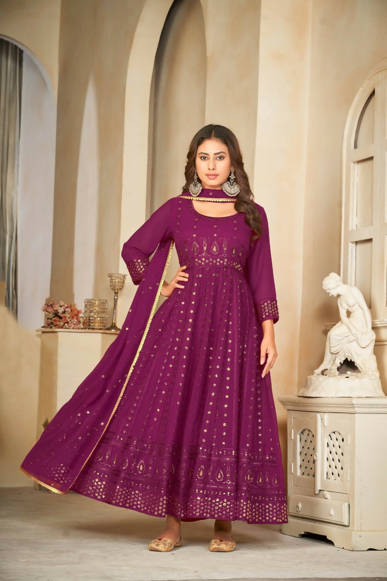 Jyoti Fashion Women's Wine Georgette Embroidered Anarkali Kurta Pant Set With Dupatta | Grocsy