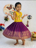 Teeya Creation Kids Latest Collection Girls Yellow & Wine Purple Pattu Pavadai Lehenga Set With Ruffle Sleeves-Yellow | Grocsy