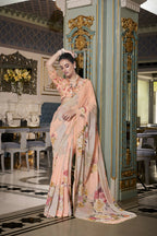 Vastranavya Peach Spectacular Georgette Printed with Pearl Lace Saree with Unstitched Blouse | Grocsy